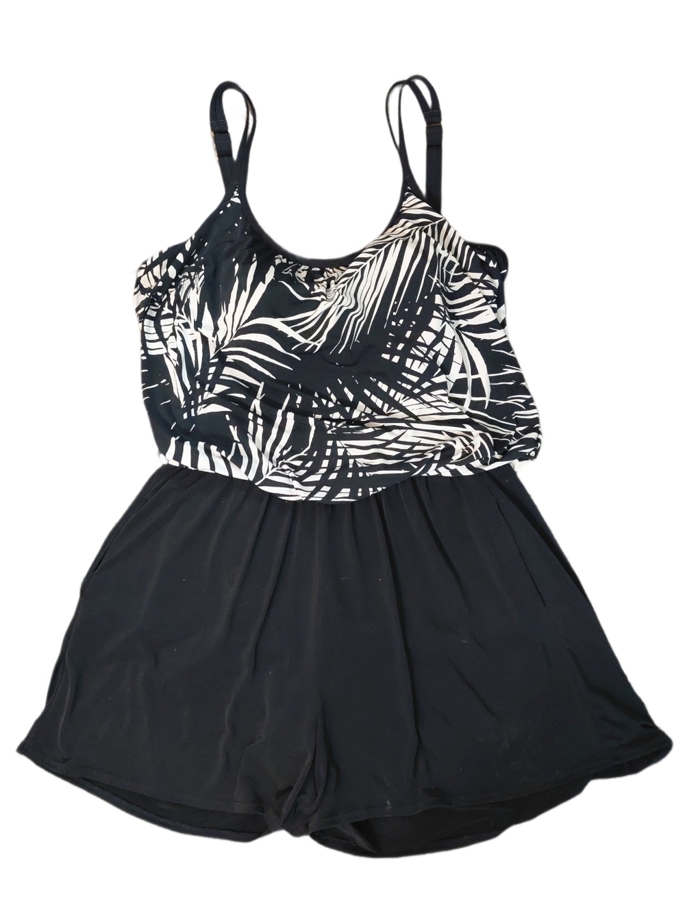 Maxine of Hollywood Plus Size Black & White Palm-Print One-Piece Swim Romper 18